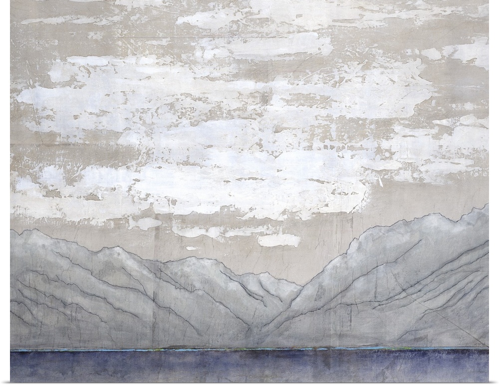 Contemporary landscape painting of slightly washed out mountain range and textured clouds in front of a dark blue body of ...