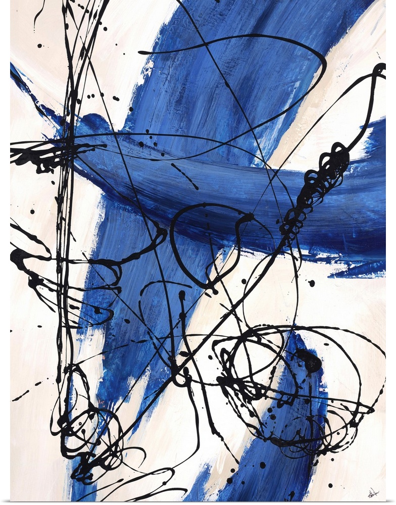 Abstract painting, with bright blue paint swipes and dark black thin line splatters.
