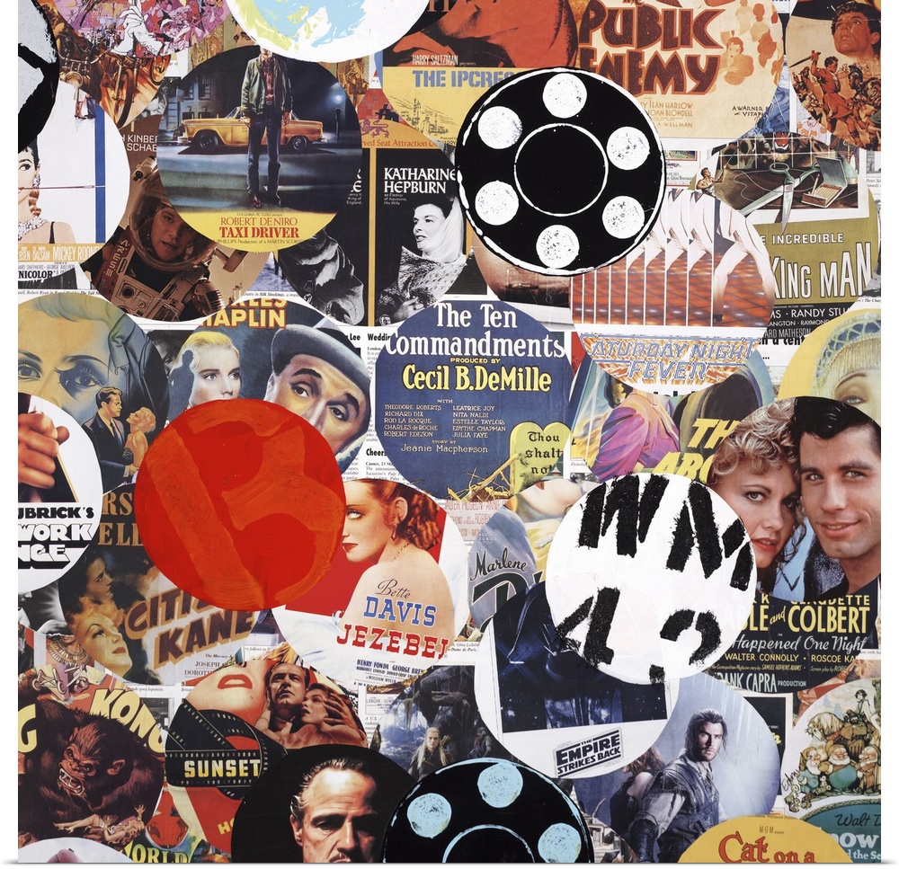 A square collage of circular images of movies and actors.