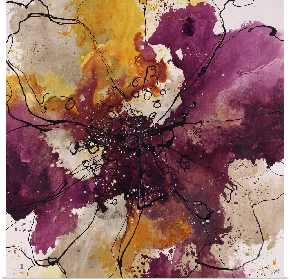 Abstract painting using bright purple and gold colors in radial splashes almost appearing ad flowers.