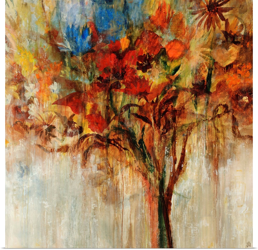 Contemporary painting of a large cluster of flowers in various colors that form a bouquet with the appearance of a large t...