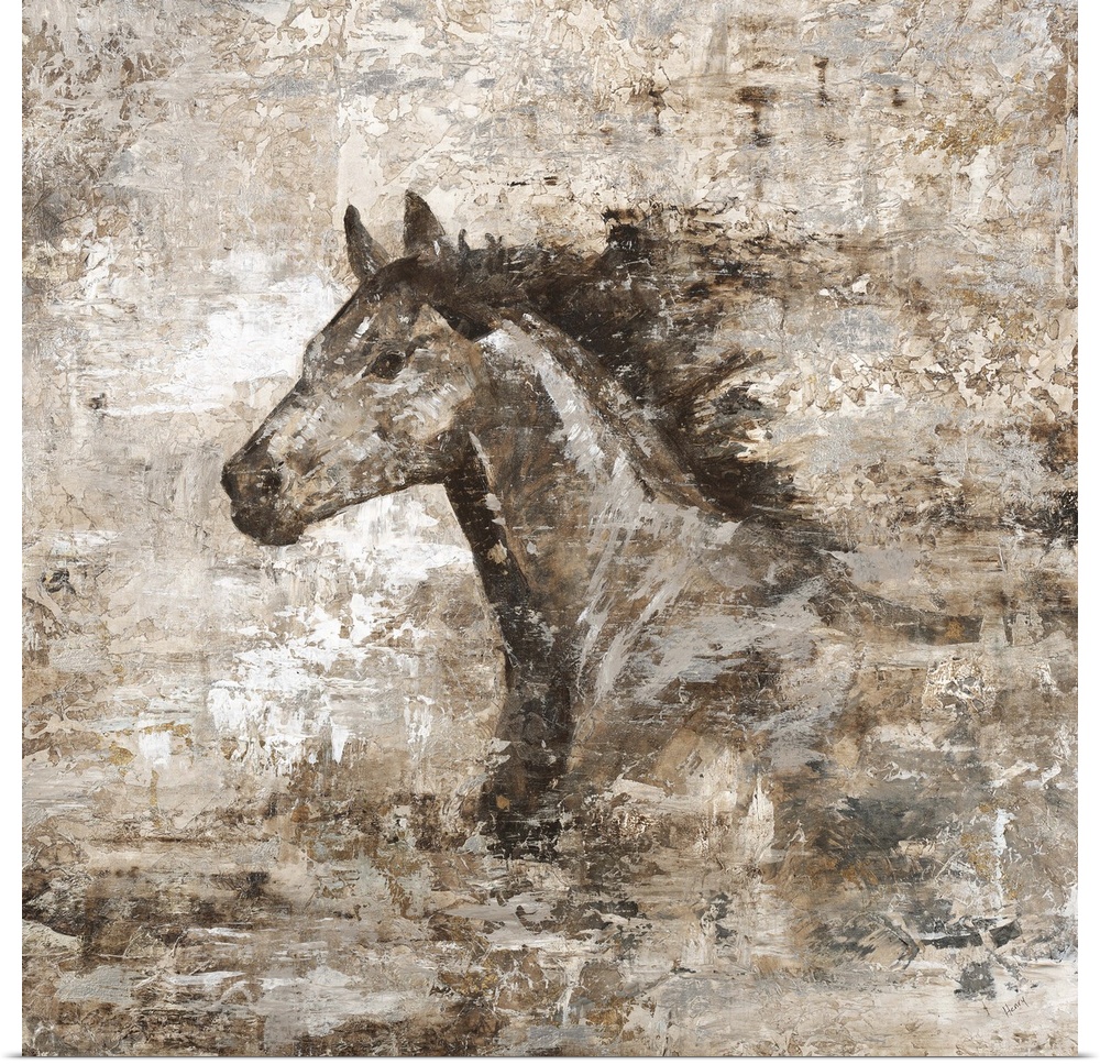 A contemporary painting with a weathered and distressed look, with the portrait of a horse in stride.