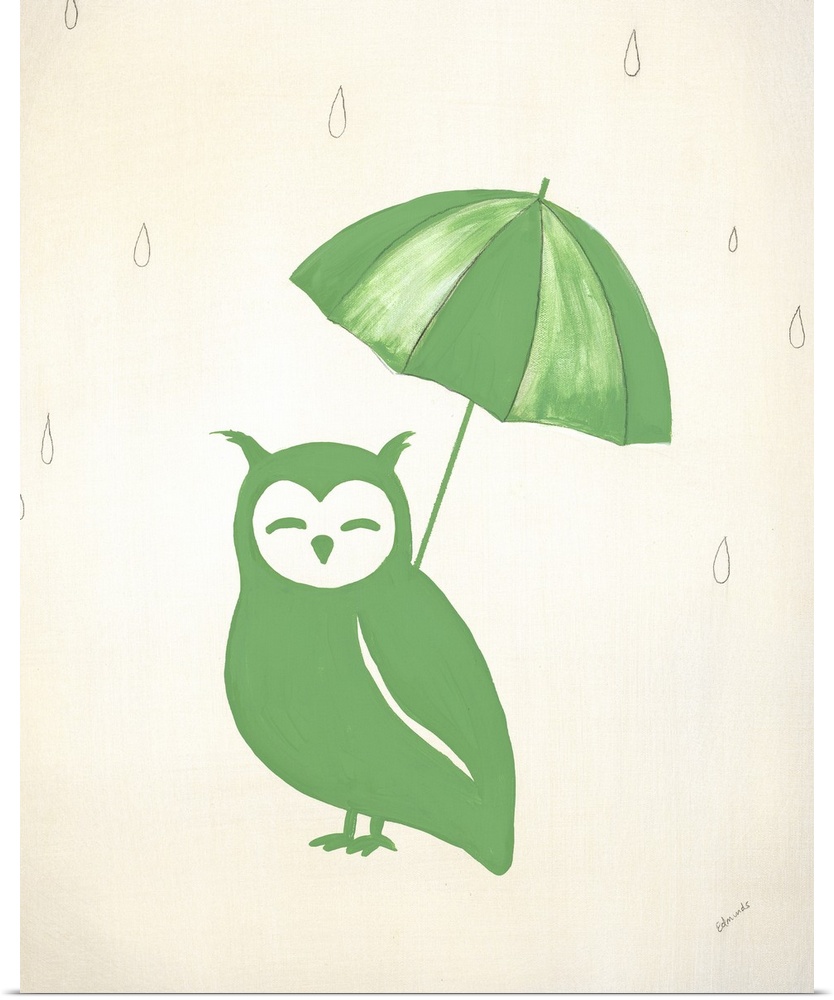 Green owl holding a green striped umbrella and graphite draw rain drops falling from the top of the canvas.