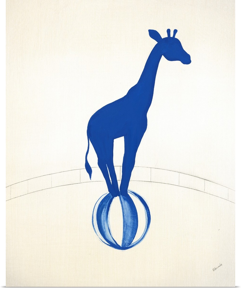 Blue silhouette of a giraffe balancing on a striped ball in a graphite drawn ring.