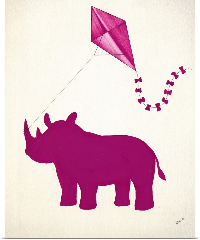 Pink silhouetted rhinoceros holding a pink kite with its tusk.