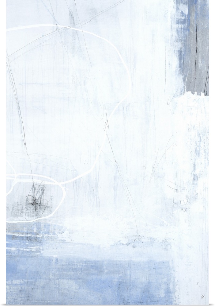 A long vertical painting of washed colors of gray and blue with dripped paint textures and swirled brush strokes.