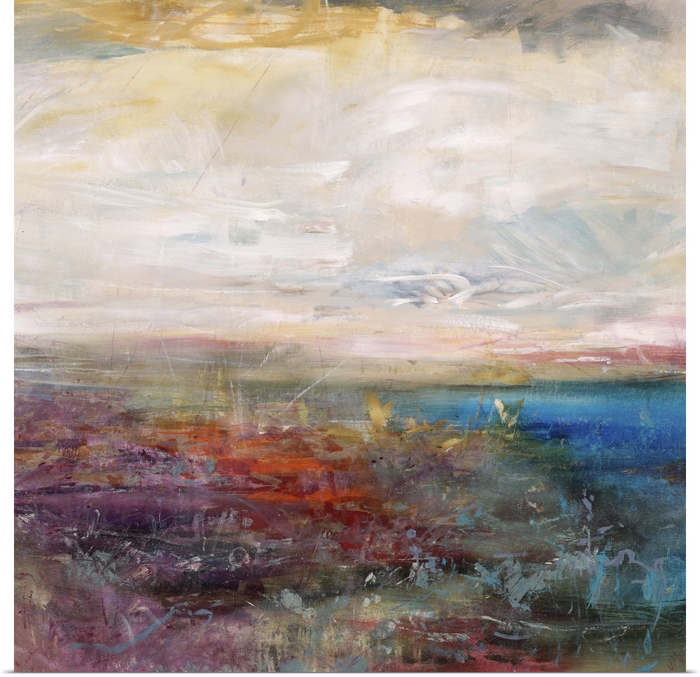 Abstract painting of a golden cloudy sky above a vibrant field of wildflowers and a deep blue body of water.