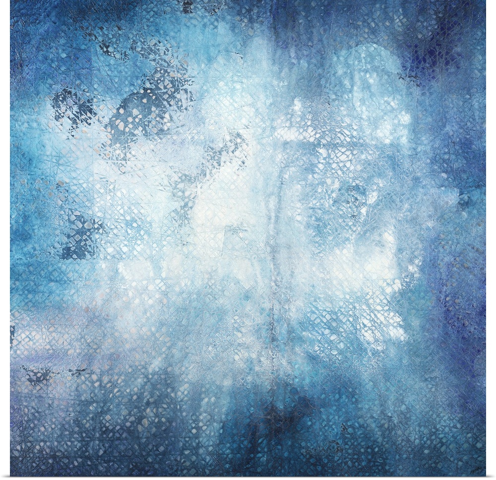Square abstract art in shades of blue with lined texture coming through.