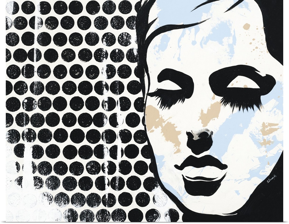 Pop art style painting with a black silhouette of a woman's face with long eyelashes and light blue and tan paint splotche...