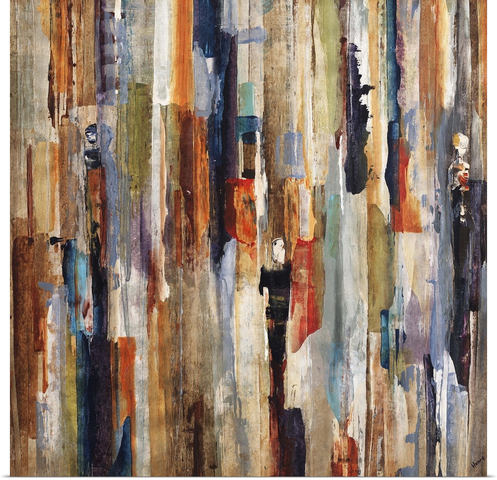 Contemporary abstract painting of a vertical lines in warm and cool tones surrounded by predominant earth tones.