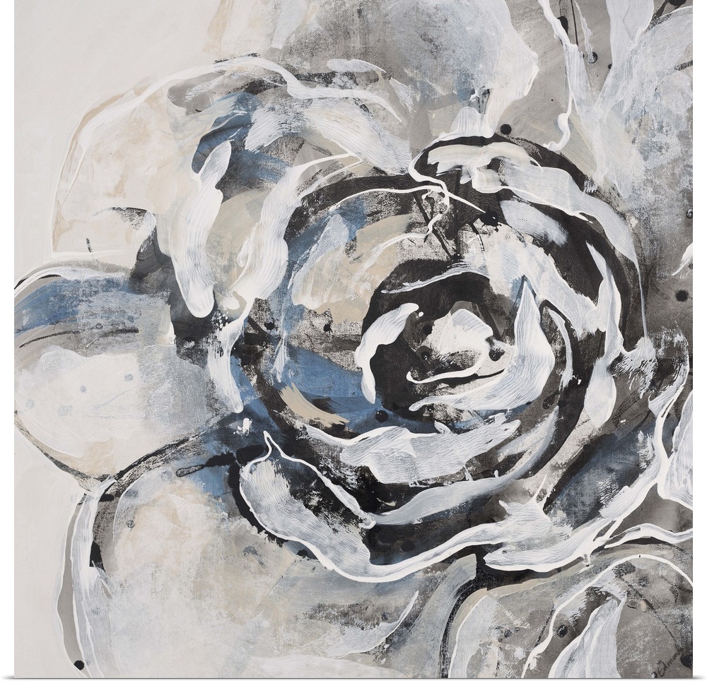 Contemporary painting of a flower using pale blue, gray and white lines.