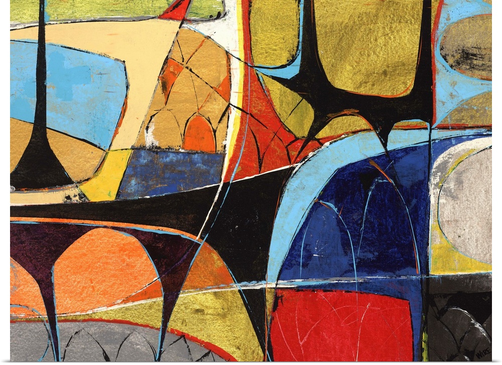 Contemporary abstract painting of various shapes and patterns mingling in a colorful frenzy.