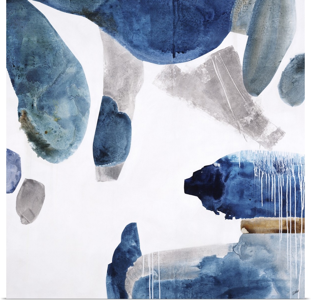 Square painting of rounded shapes in blue with texture.