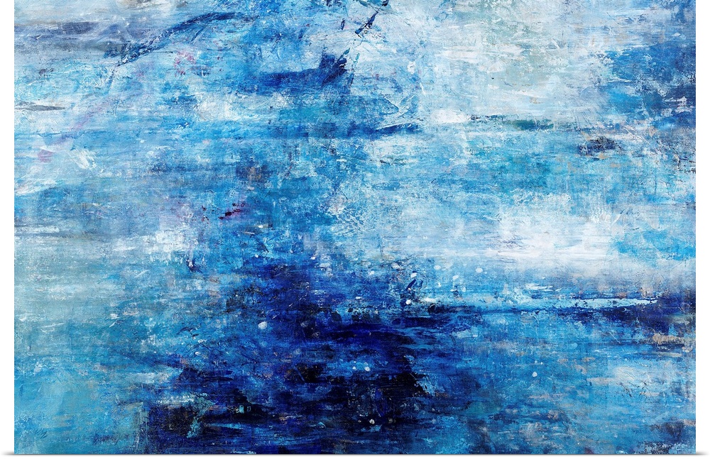 Contemporary abstract painting with deep blues in the middle that spread out and get lighter on the side, adding in white.