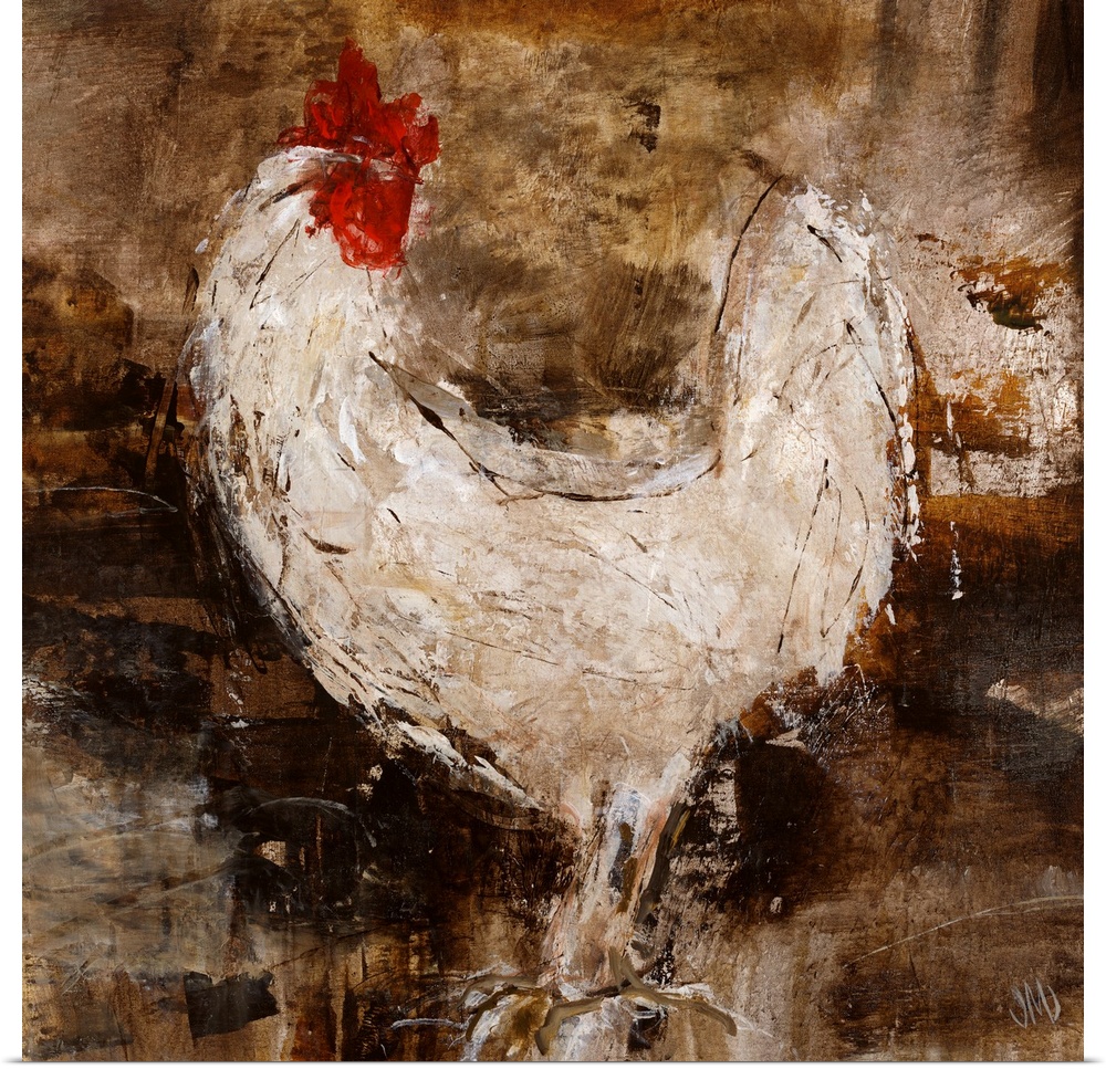 A contemporary painting on a square canvas of a rooster painted with very gestural brushstrokes and unspecific shapes.