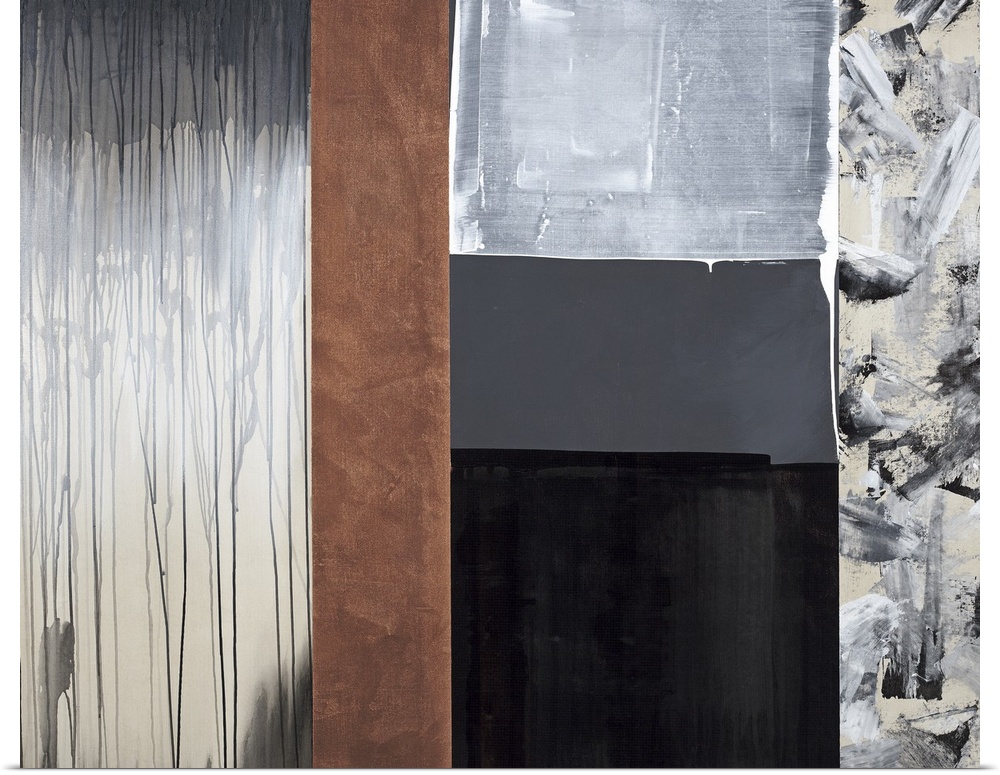 Contemporary abstract painting made into sections of color and designs with brown, gray, and black hues.