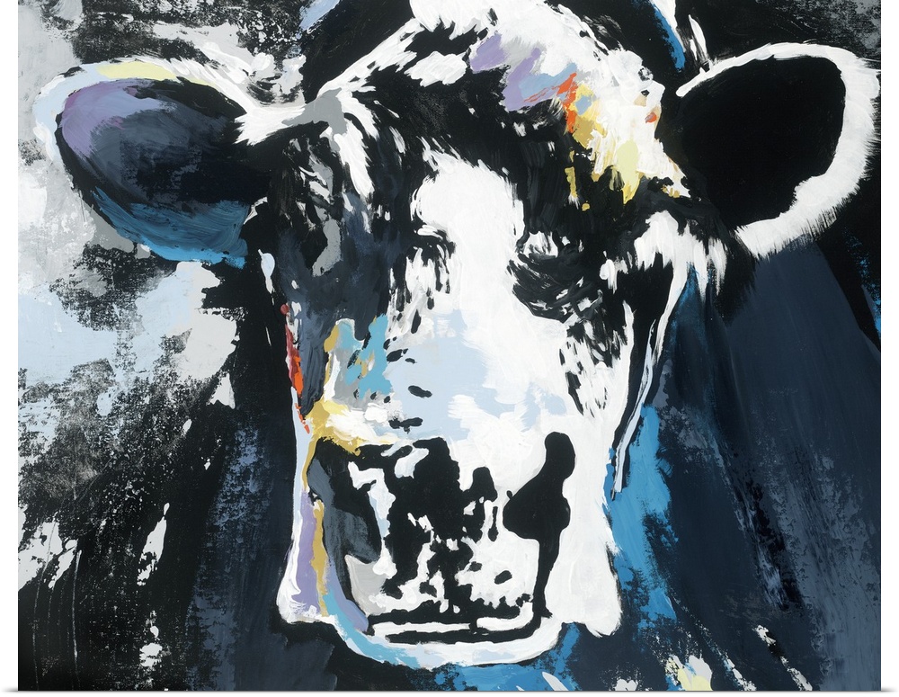 Abstract painting of a cow with shades of blue and white and small pops of purple, yellow, and orange.