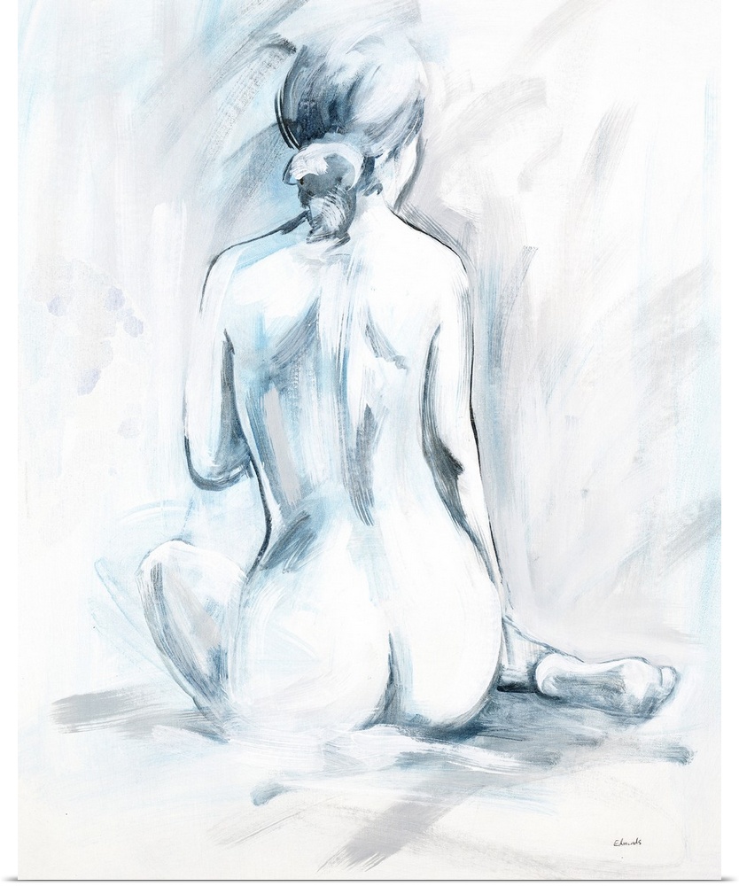 Cool toned abstract painting of the backside of a naked woman with her hair tied up in a low ponytail.