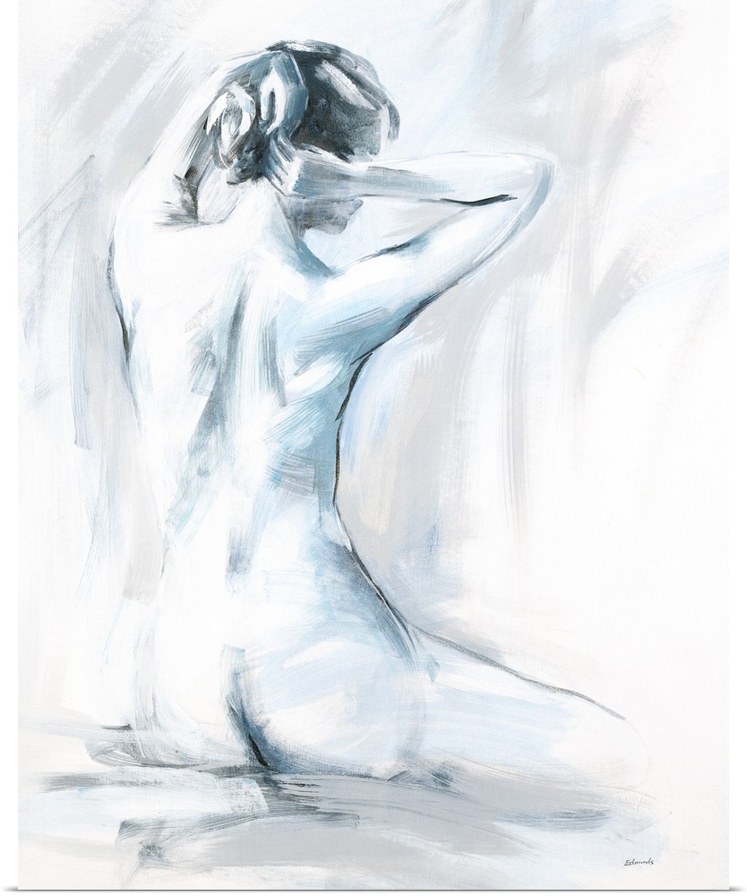 Cool toned painting of a nude woman with her hands up near her head fixing her hair.