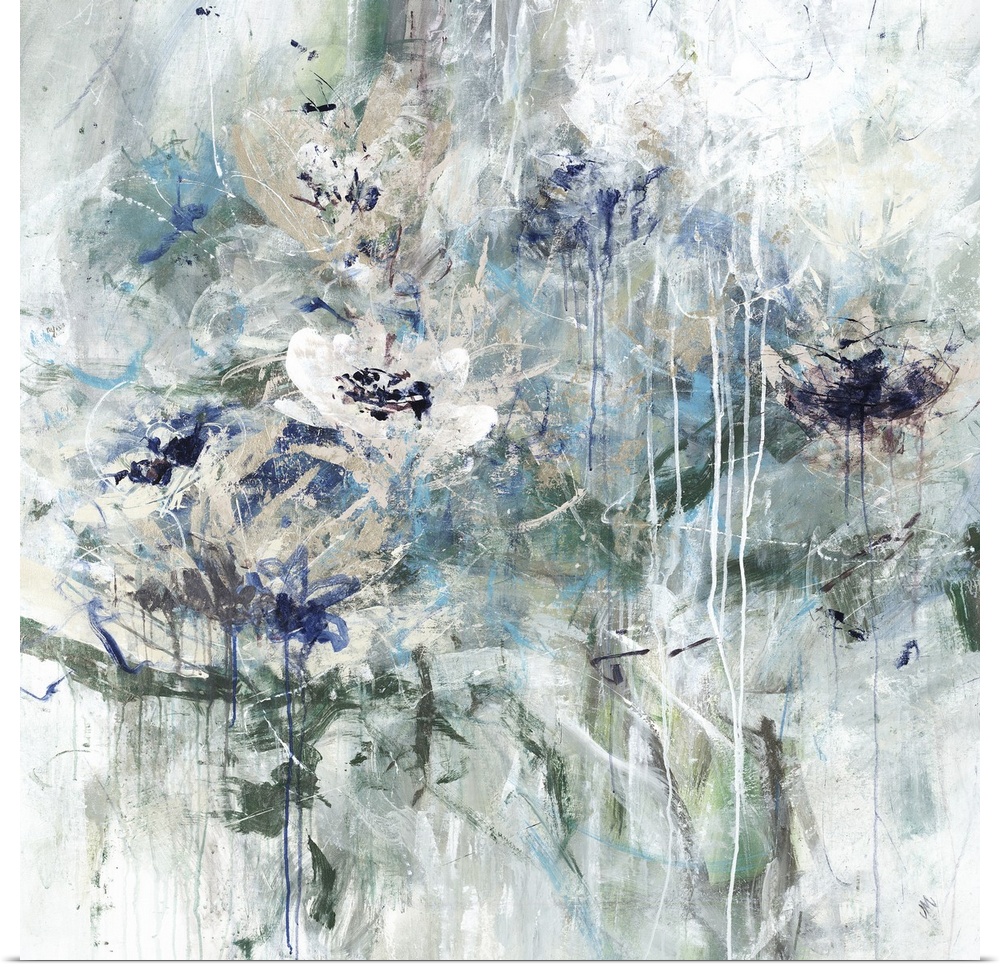 Square abstract floral painting in shades of green, blue and white.