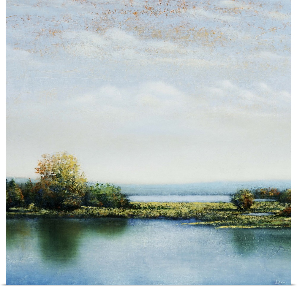 Landscape painting of shrubs and greenery in a marsh, surrounded by calm waters, beneath a light partly cloudy sky.