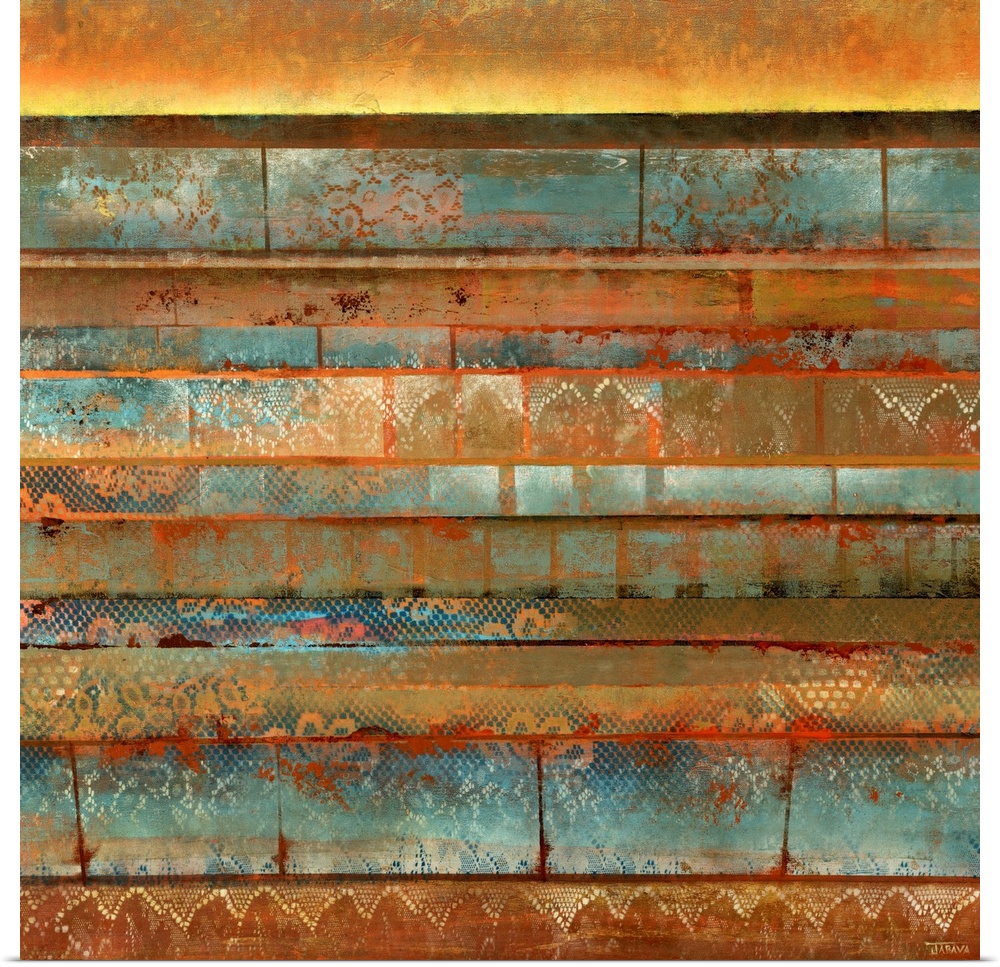 Different colored paint and patterns are applied horizontally across this square print. It is mostly rust colored with pop...