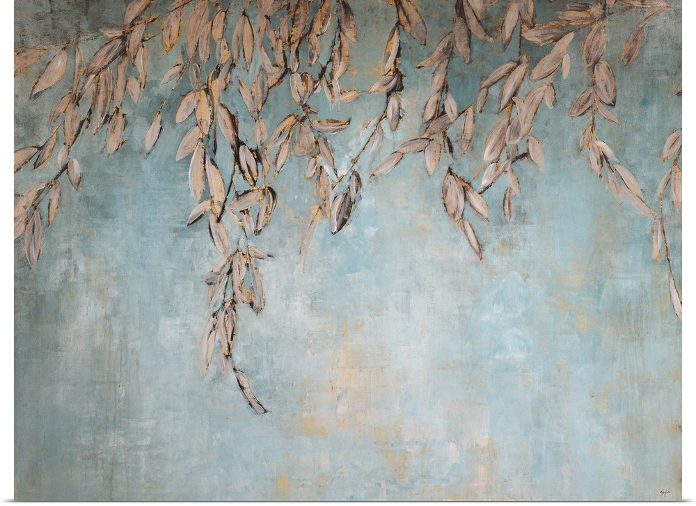 Contemporary painting of a gold leaves hanging against a pale blue background.