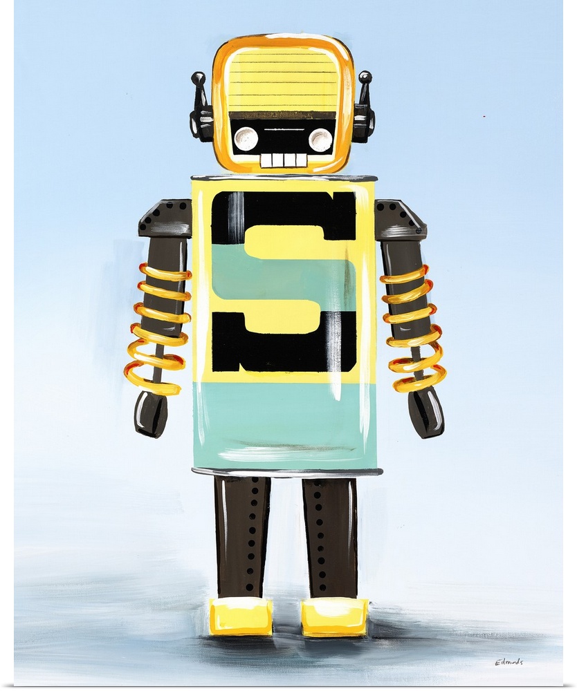 Contemporary painting of a yellow, green, and gray robot on a light blue and white background.