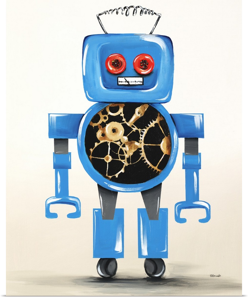 Contemporary painting of a blue robot with red button eyes and gold mechanical wheels in its stomach on a neutral colored ...