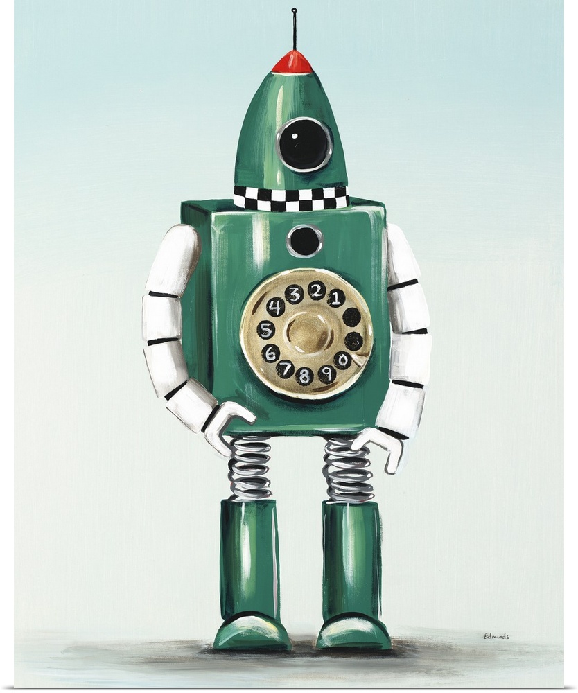 Contemporary painting of a green robot with an old fashioned phone dial on its middle section.