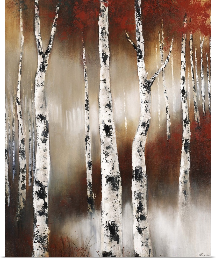 Contemporary painting of birch trees in a forest in the fall.