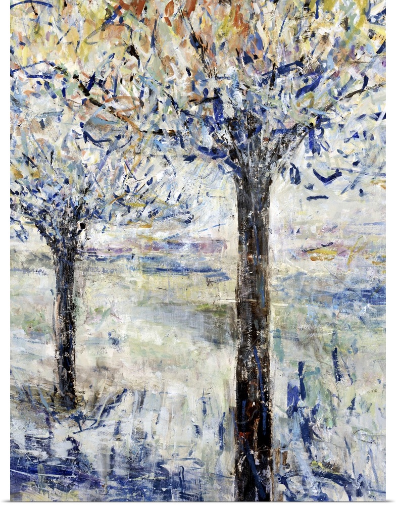 Vertical contemporary painting of two trees in textured brush strokes.