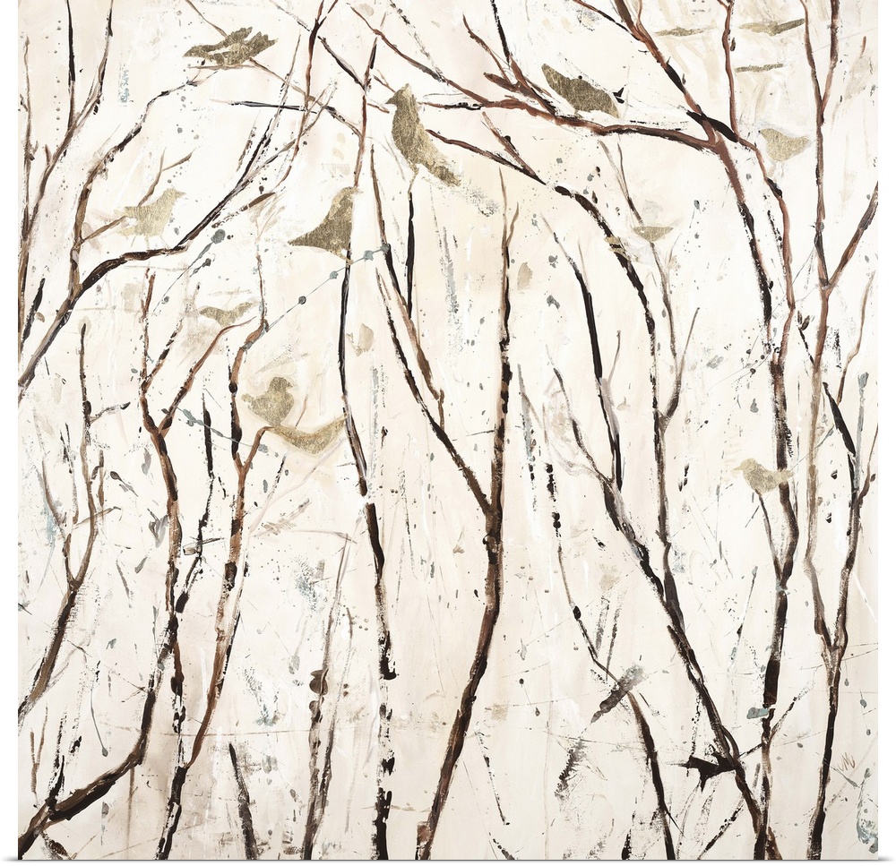 Square painting in neutral white and brown hues with gold birds perched on bare branches.