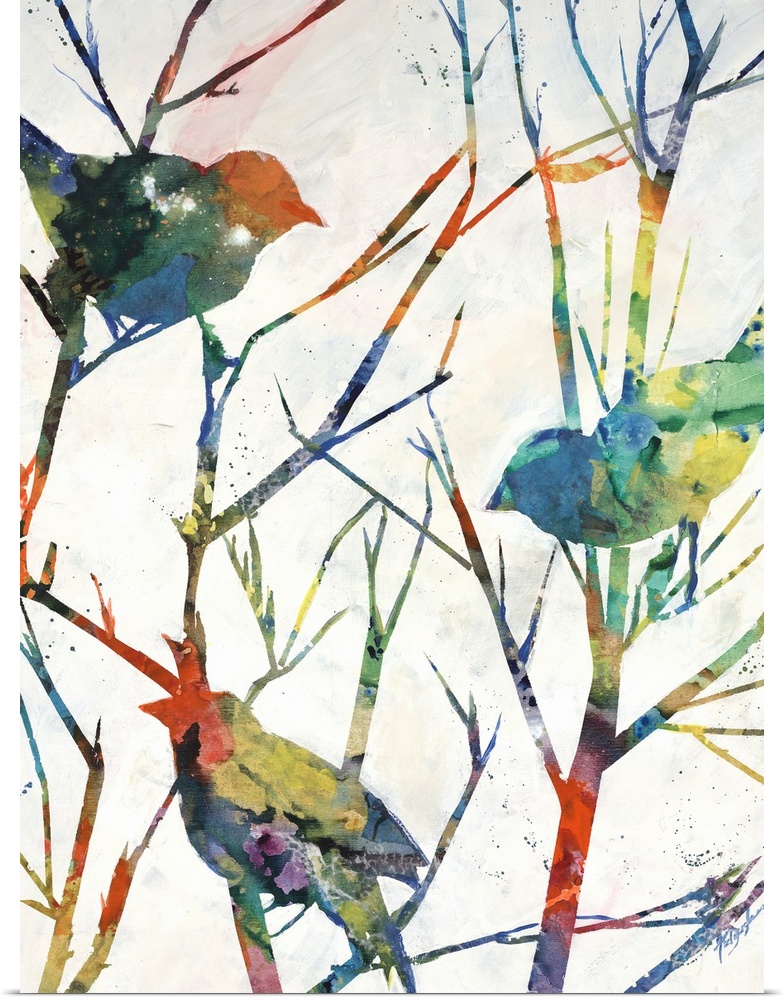 Contemporary art of several multicolored birds perched on bare tree branches that are vibrantly colored also.