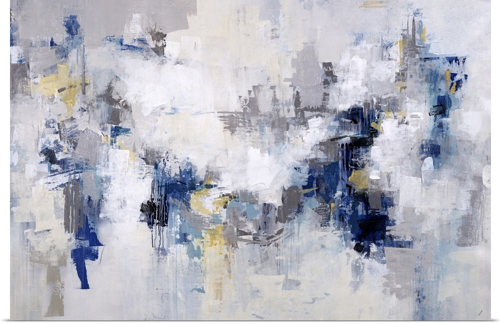 Abstract painting in shades of white and light gray with accents of blue throughout.