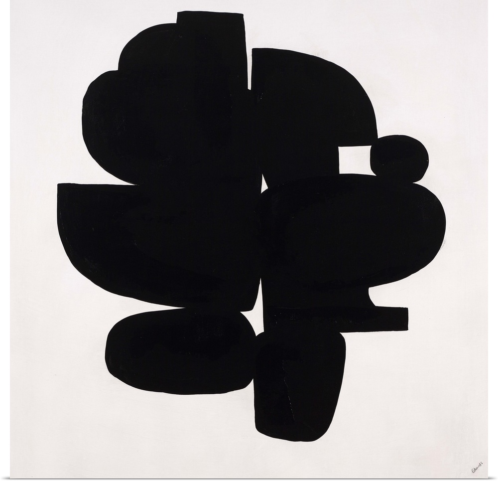 Contemporary abstract painting of dense black organic shapes huddled together.