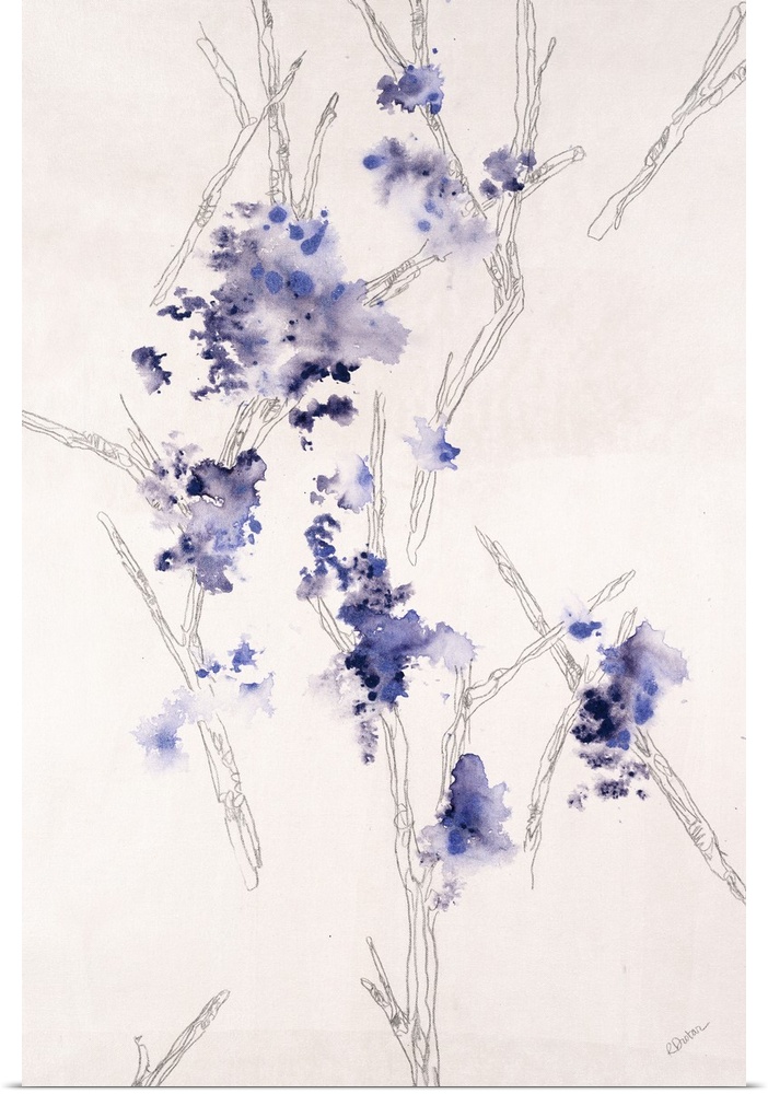 Contemporary painting of a wispy branch with tiny purple flowers on it.