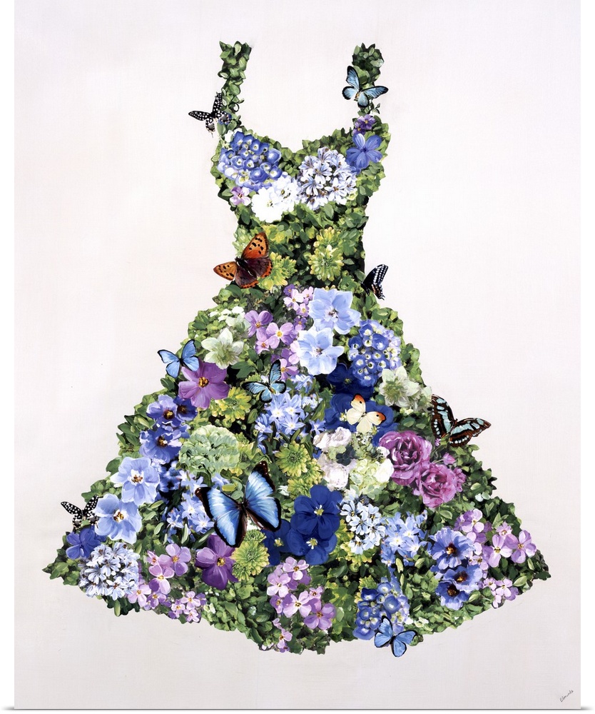 A floral design in the shape of a dress with butterflies.