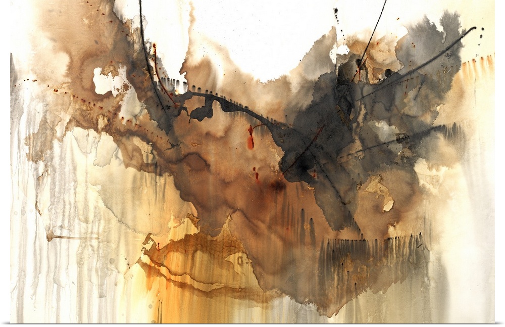 Large abstract painting with earthy tones shades of brown, orange, gray, and black.