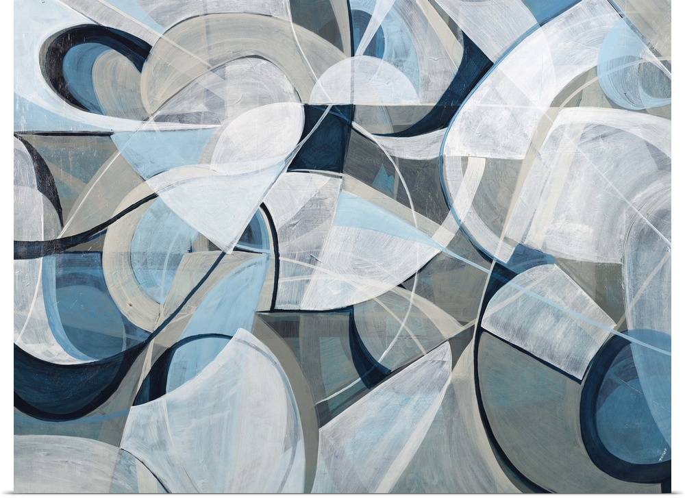 Contemporary abstract artwork using geometric shapes in pale tone flowing against a dark gray background.