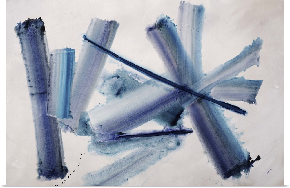 An energetic blend of crossing strokes of blue and gray colors in the center of the artwork.