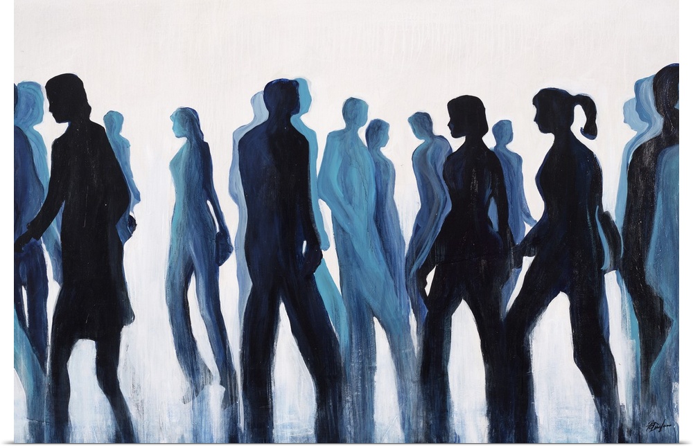 Contemporary painting of silhouetted figures in dark blue tones appearing to be walking.