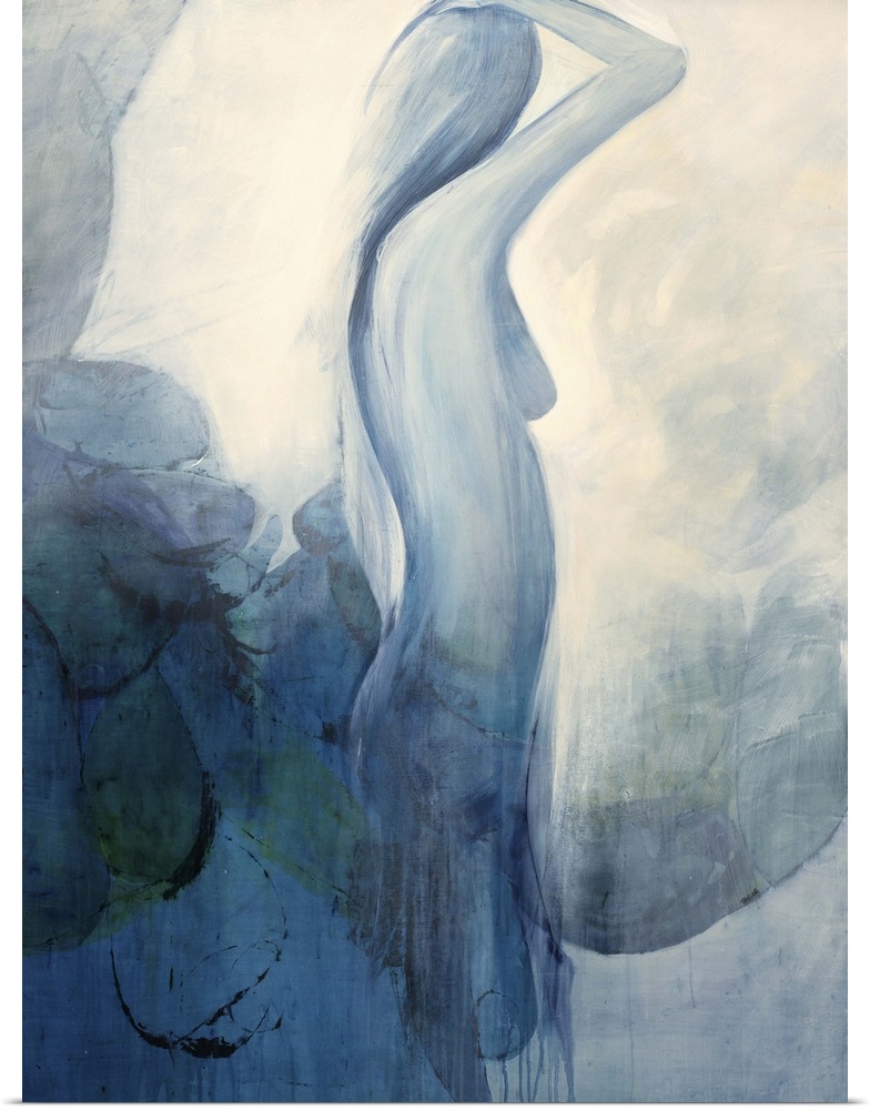 Contemporary artwork of a nude woman in blue standing tall.