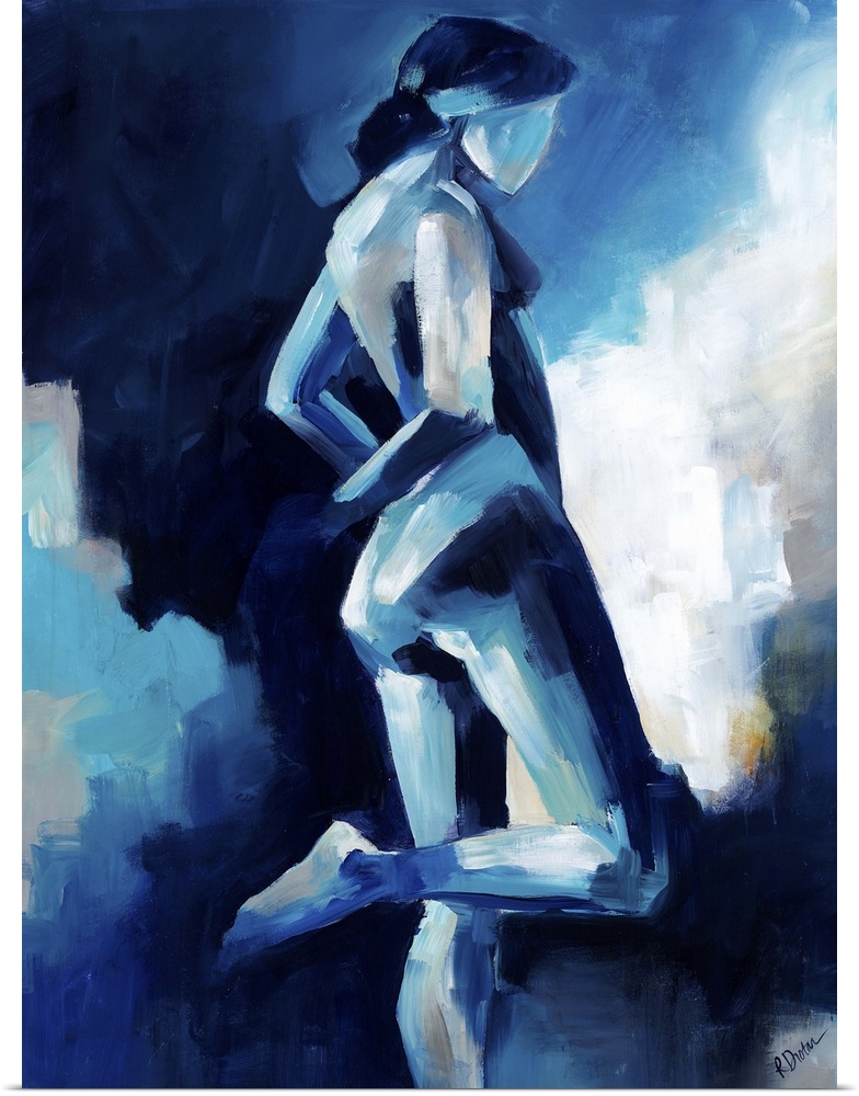 Contemporary figurative painting in blue tones ranging from light to dark of a nude woman standing with her right leg bent...