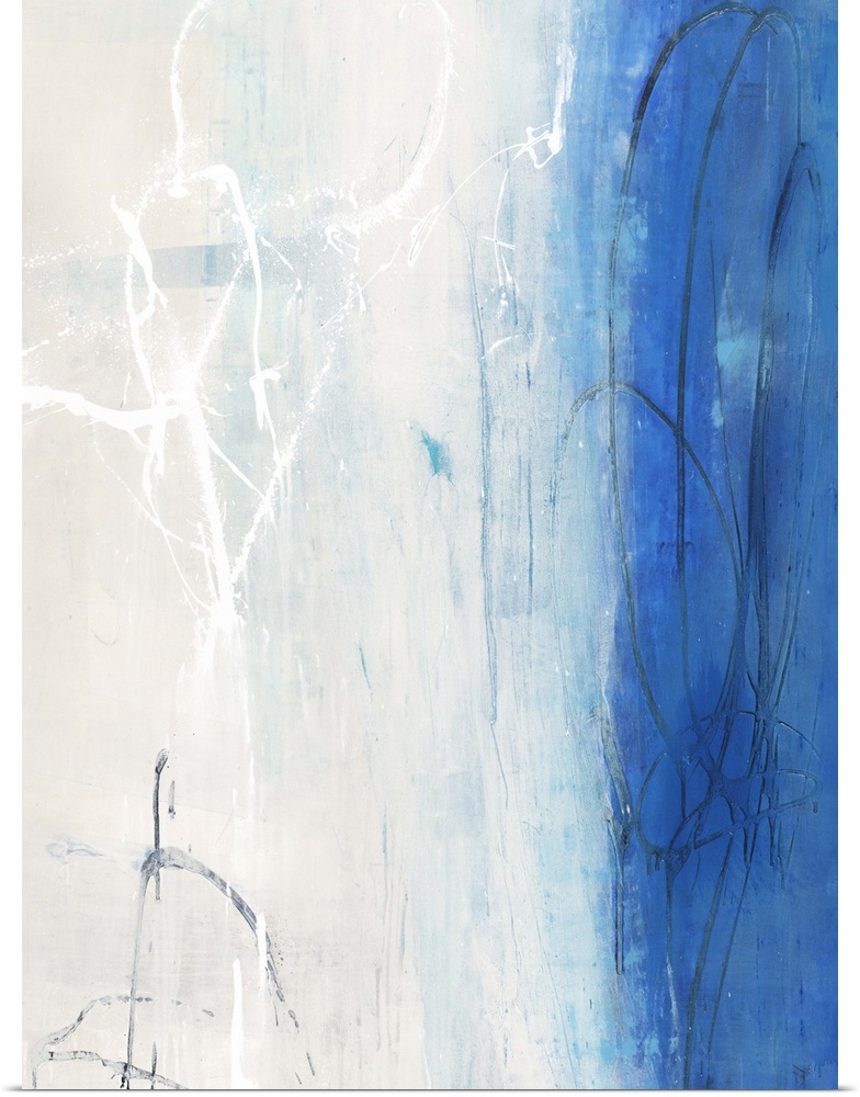 Contemporary abstract painting using white and vibrant blue in vertical formation.