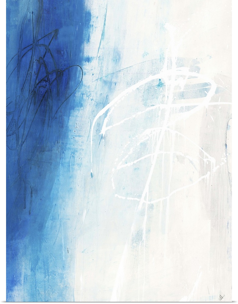 Contemporary abstract painting using white and vibrant blue in vertical formation.