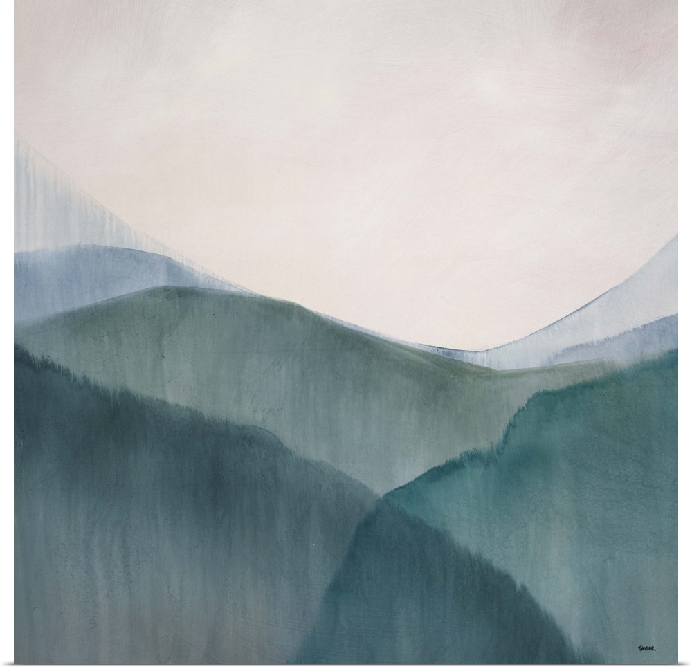 Abstract watercolor painting of numerous hills in a valley, beneath a clear, open sky.
