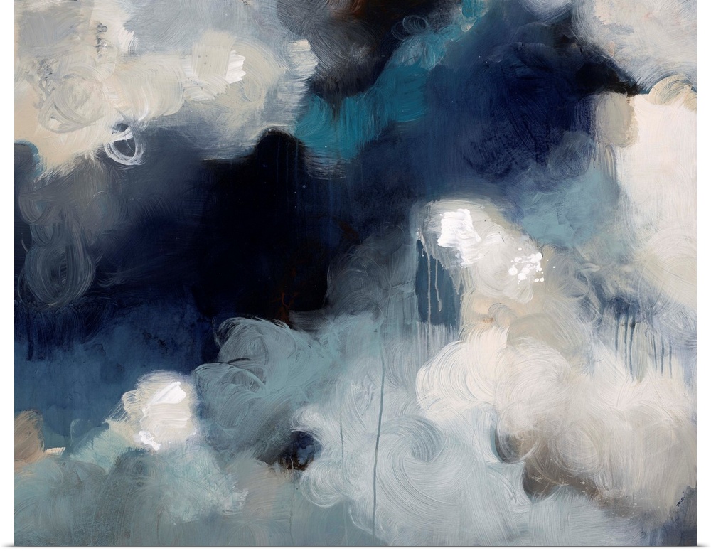 Abstract painting of what almost looks like fluffy white clouds in an aggressive dark sky.