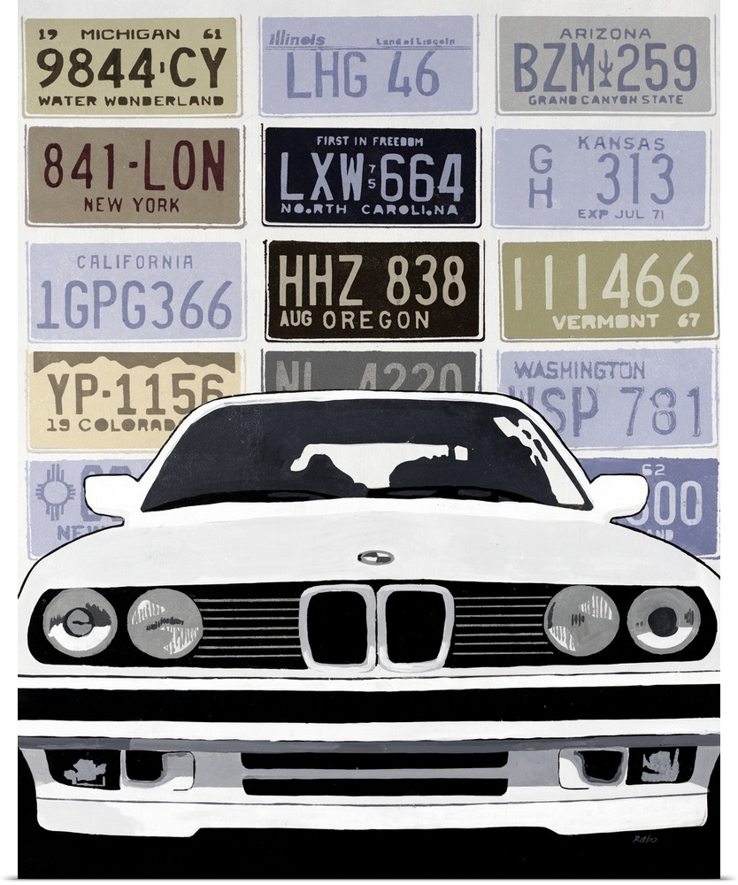 Muted contemporary artwork of a luxury car on a background made of license plates from different states.