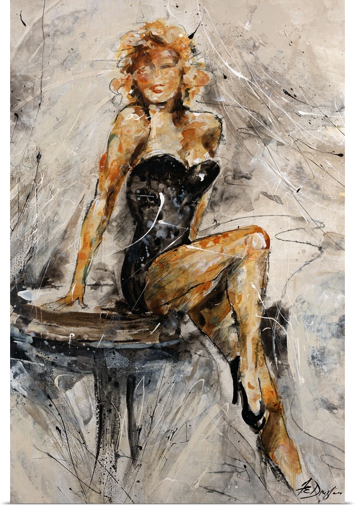 An abstract take on the pin up girl, sporadic streaks of paint illustrate a blonde woman in a corset posed alluringly on a...